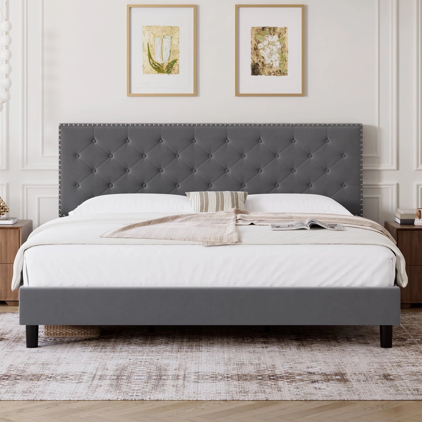 Full Size Bed, Upholstered Bed Frame with Button Tufted Adjustable Headboard for Bedroom, Grey