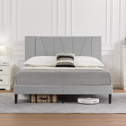 Full Size Fabric Upholstered Platform Bed Frame with Complete Headboard, Channel Stitched Style, Gray