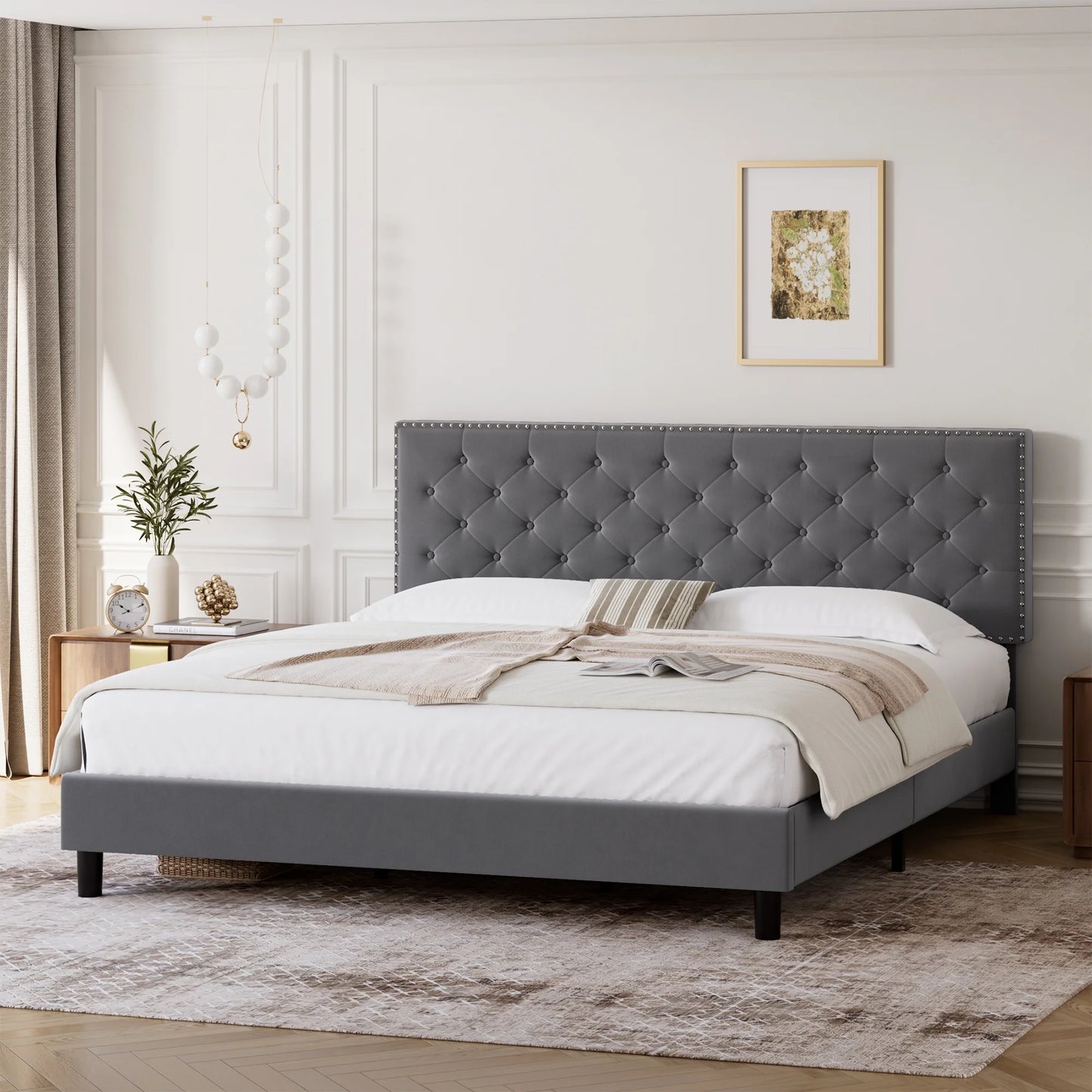 Full Size Bed, Upholstered Bed Frame with Button Tufted Adjustable Headboard for Bedroom, Grey