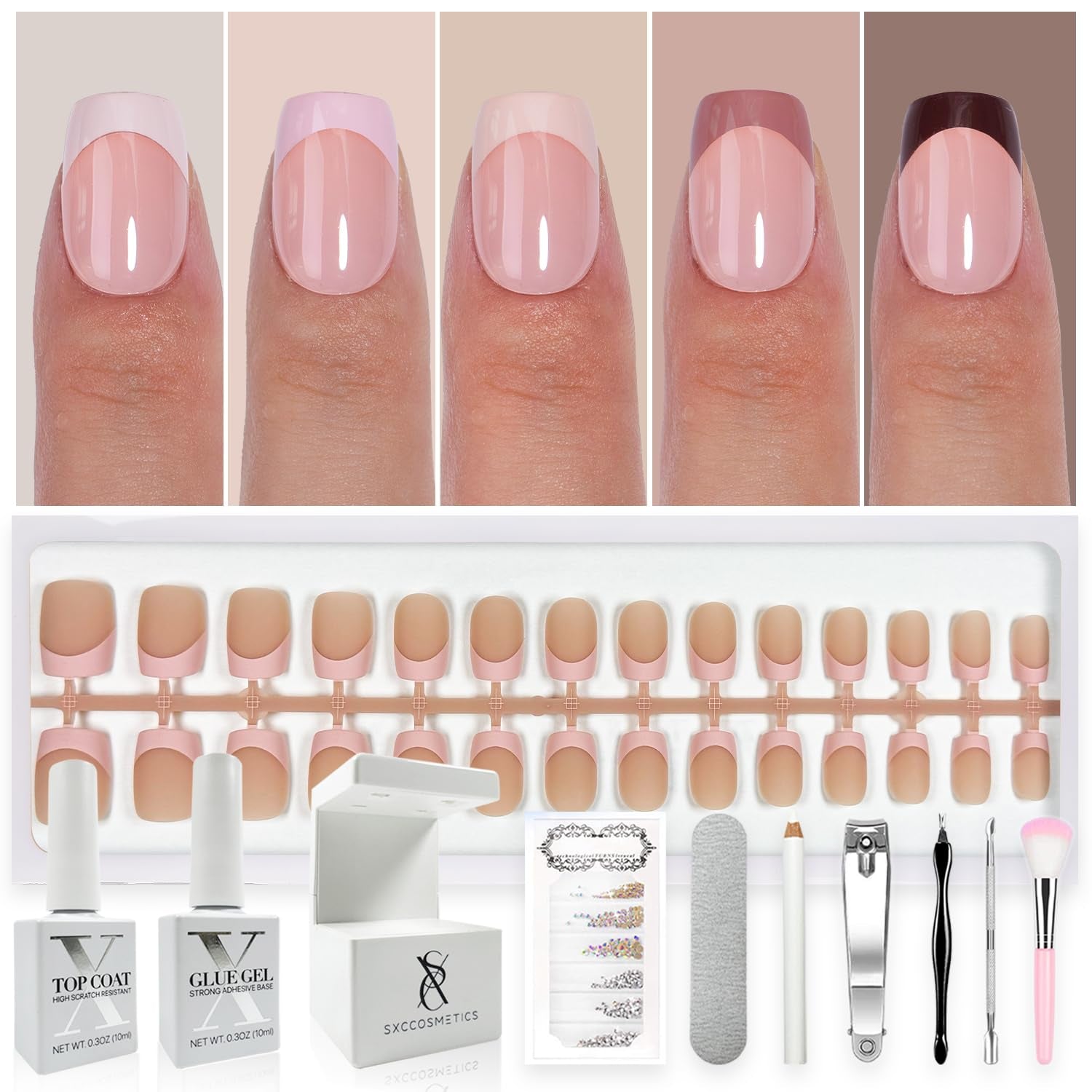 Cosmetics French Tip Press on Nails - Skin Tone Nude and Color Series, XS Square X-Pro Tips Starter Kit ST113KIT