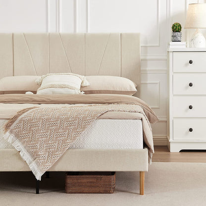 Queen Size Bed Frame with Complete High Headboard, Fabric Upholstered Platform Bed Frame, Beige