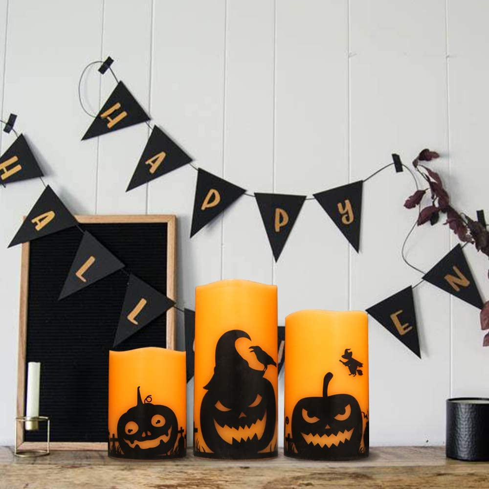 Halloween Flameless Candles, LED Flickering Battery Pillar Candles with 6H Timer and Pumpkin Decals, Spooky Fall Halloween Festival Party Decoration Set of 3 (D 3” X H 4” 5” 6”)