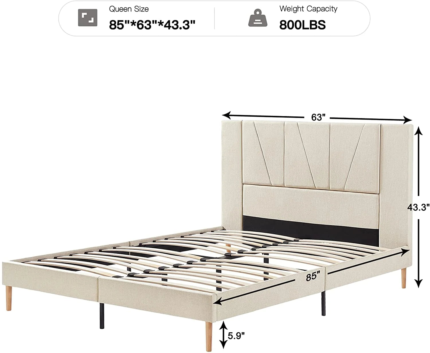 Queen Size Bed Frame with Complete High Headboard, Fabric Upholstered Platform Bed Frame, Beige