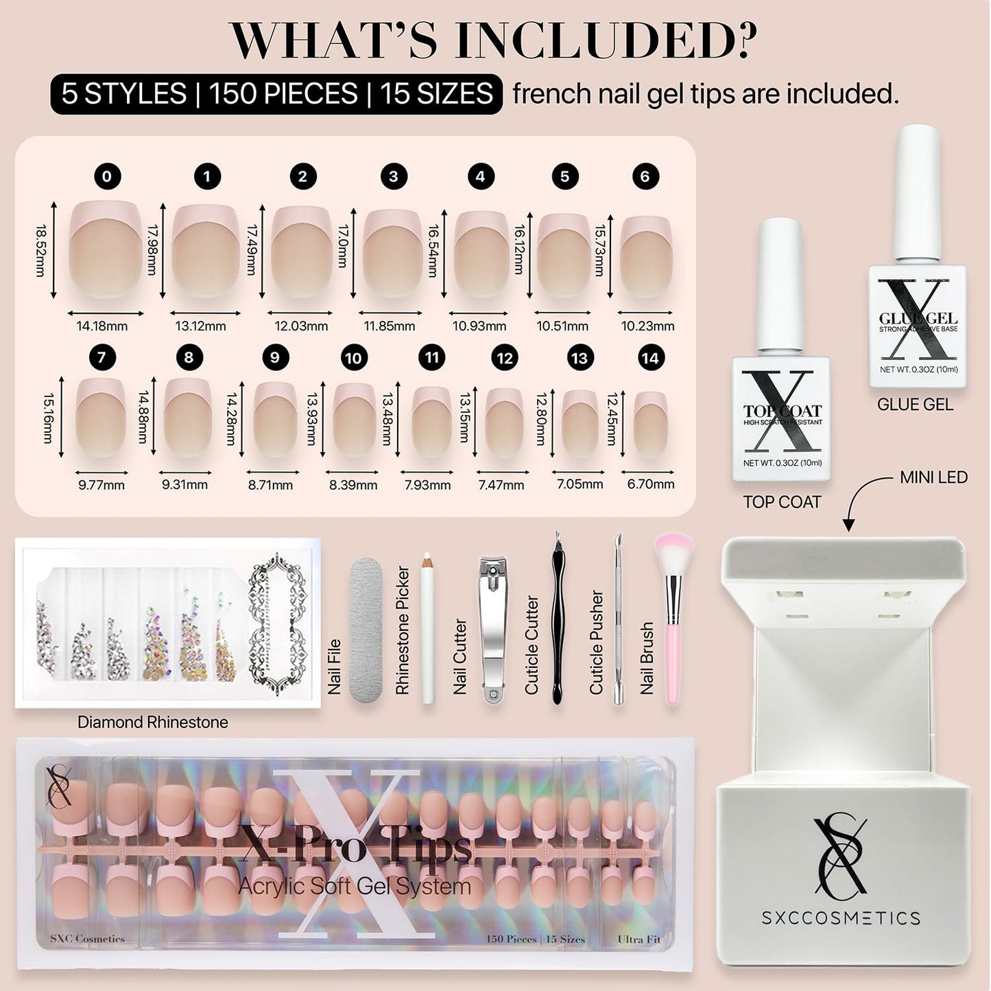 Cosmetics French Tip Press on Nails - Skin Tone Nude and Color Series, XS Square X-Pro Tips Starter Kit ST113KIT