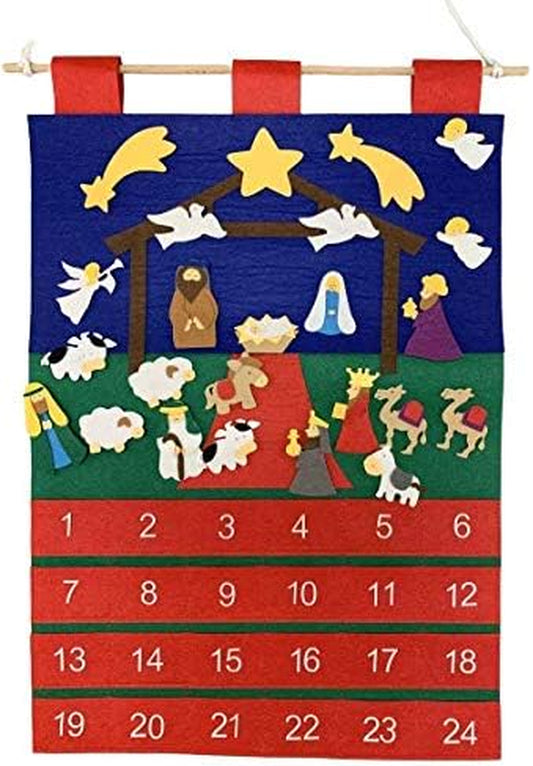 Felt Advent Calendar for Kids, Hanging Countdown to Christmas, Xmas Calendars with Pockets and 24 Nativity Themed Ornaments (Nativity Stable)