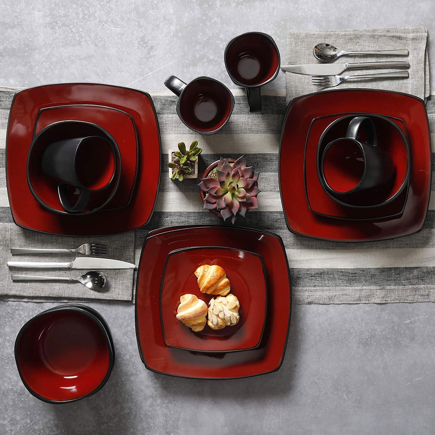 Home Soho Lounge Square Stoneware 16 Piece Dinnerware Set, Sand