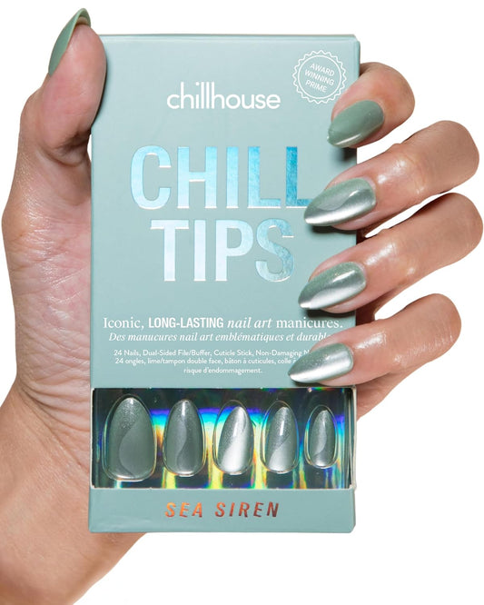 Chill Tips Signatures Press on Nails Kit, Sea Siren (Almond) - 24 Nail Shapes & Sizes, Dual-Sided Buffer & File, Cuticle Stick & Glue - Long-Lasting Nail Art Manicures