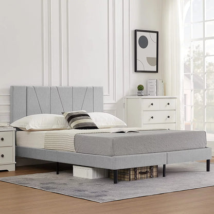 Full Size Fabric Upholstered Platform Bed Frame with Complete Headboard, Channel Stitched Style, Gray