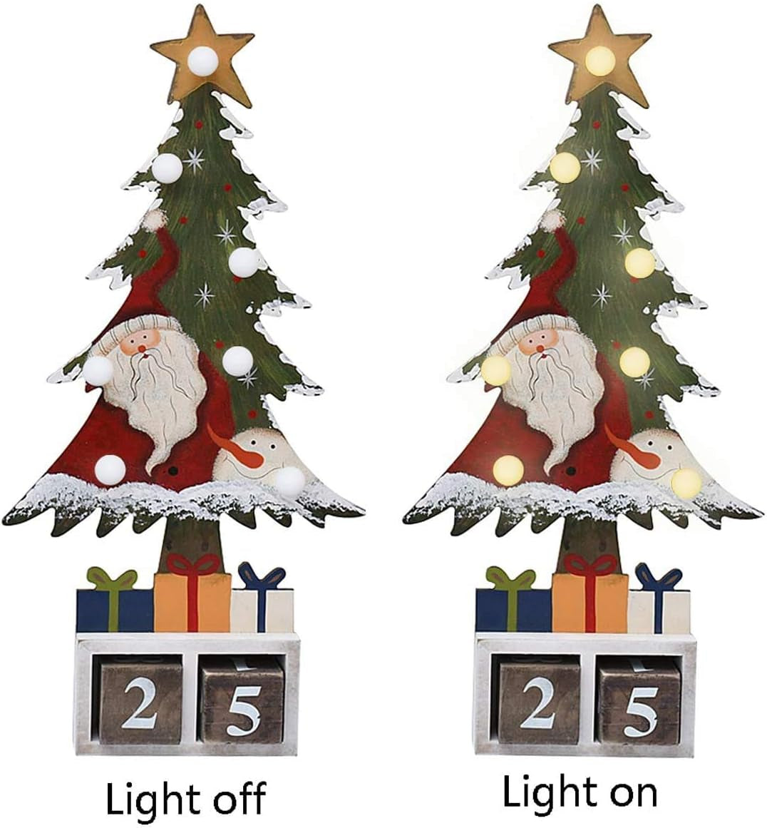 Rustic Christmas Wood Santa Snowman and Tree Advent Countdown Calendar - Tabletop Christmas Countdown with Number Blocks and Lights up Decoration (Santa)