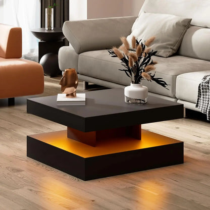 LED Coffee Table with Storage for Living Room Modern Smart Tall Square Center Table 2 Tier Display Shelf 20 Colors Light Wood