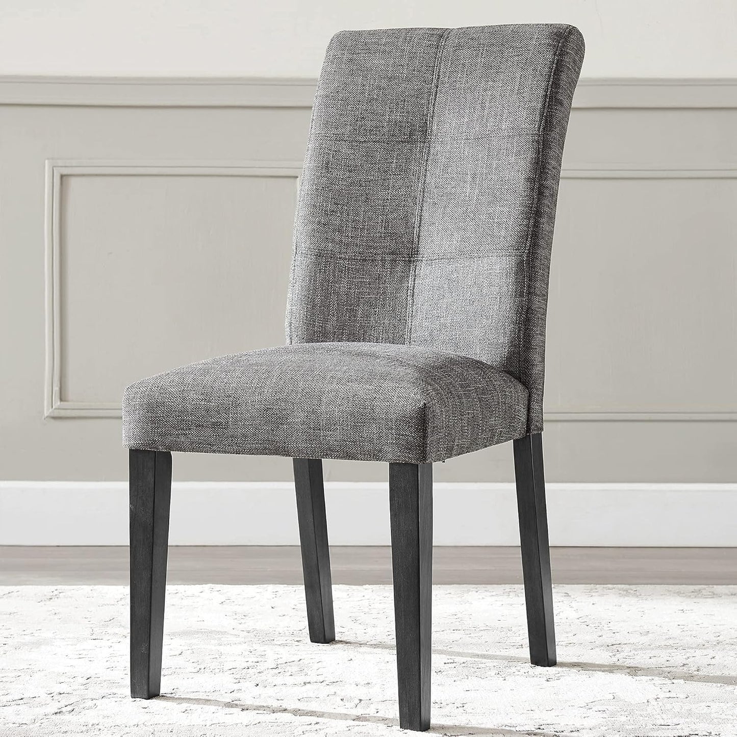 Grey Parsons Chairs Fabric Upholstered Dining Room Chairs, Accent Sturdy Dining Chairs Set of 2, Tufted High Backrest with Black Solid Wood Legs, Dark Grey, CY-1118-DG