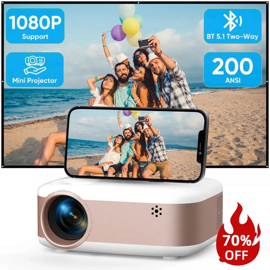 Mini Projector, Two-Way Bluetooth 5.2, 200 ANSI, HD 1080P Portable Projector for Smartphone/Laptop/Tv Stick/Hdmi