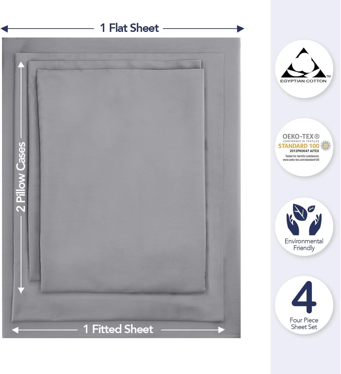 100% Egyptian Cotton Sheets Full 4 Piece Set Silver Extra Deep Pocket Sheet Sets Flat Sheet Fitted Sheet Pillowcase Better than Percale Hotel Luxury Quality Sheet