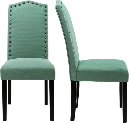 Vintage Dining Chairs Set of 2, Upholstered Dining Room Chairs, Kitchen Chairs Wood Dining Chair with Solid Wood Legs and Copper Nails, Parsons Chairs for Dining Room, (2Pcs,Green)