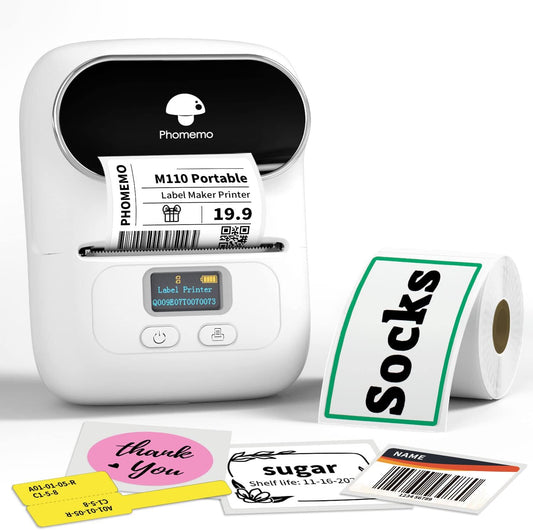 M110 Label Printer, Barcode Label Printer for Retail & Inventory, Portable Printer for Address, Barcode, Price Tag, Bluetooth Label Maker Compatible with Ios Andriod, with 1Roll 40X30Mm Label